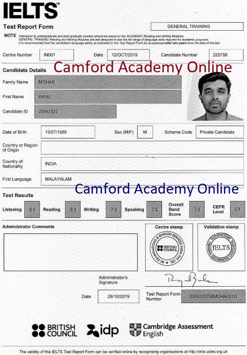 IELTS Kerala -Akhil Mohan scores 7.5 in his IELTS General module. Camford IELTS Kerala.